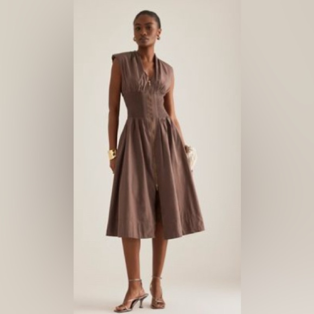 The Tommie Cap-Sleeve Smocked
Front-Zip Midi Shirt Dress